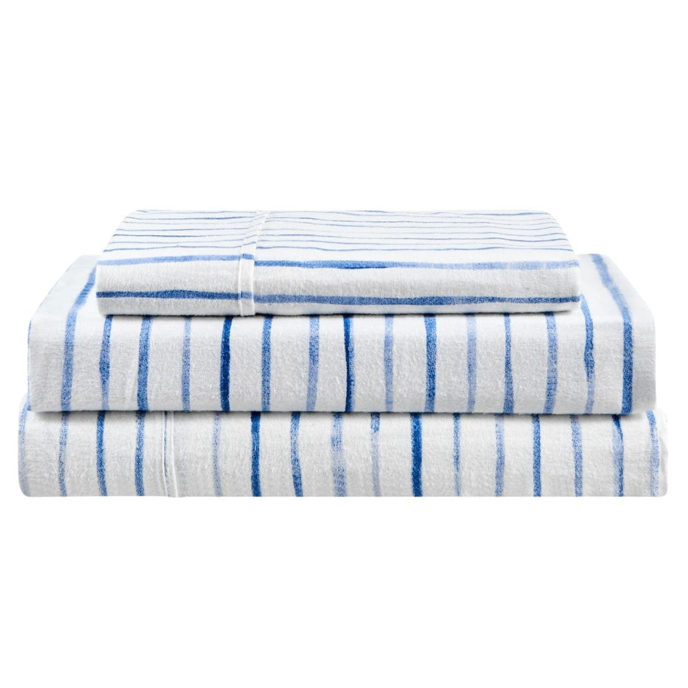 150GSM Waterprint Flannelette Bed Sheet Set - Blue King Fast shipping On sale