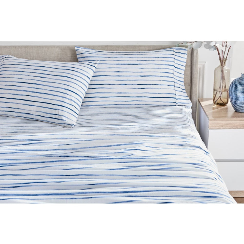 150GSM Waterprint Flannelette Bed Sheet Set - Blue King Fast shipping On sale