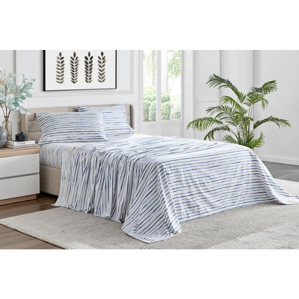 150GSM Waterprint Flannelette Bed Sheet Set - Blue King Fast shipping On sale