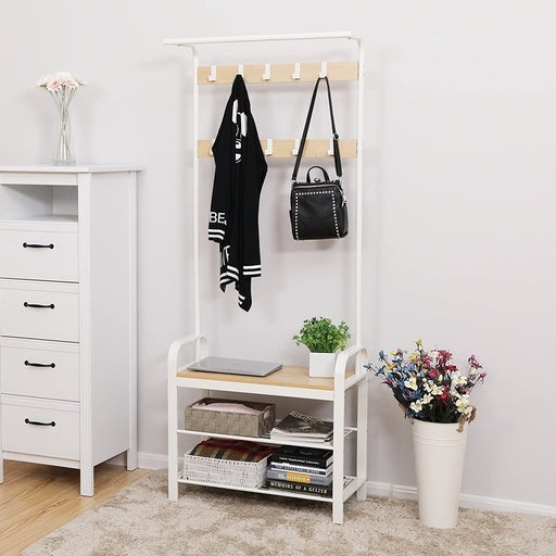 175cm Coat Rack Stand Shoe Bench with Shelves White Fast shipping On sale