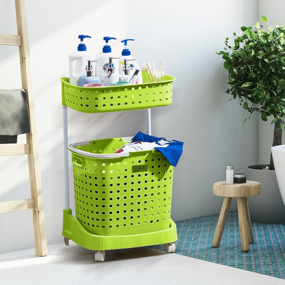 2 Tier Bathroom Laundry Clothes Baskets Bin Hamper Mobile Rack Removable Shelf Hampers Fast shipping On sale