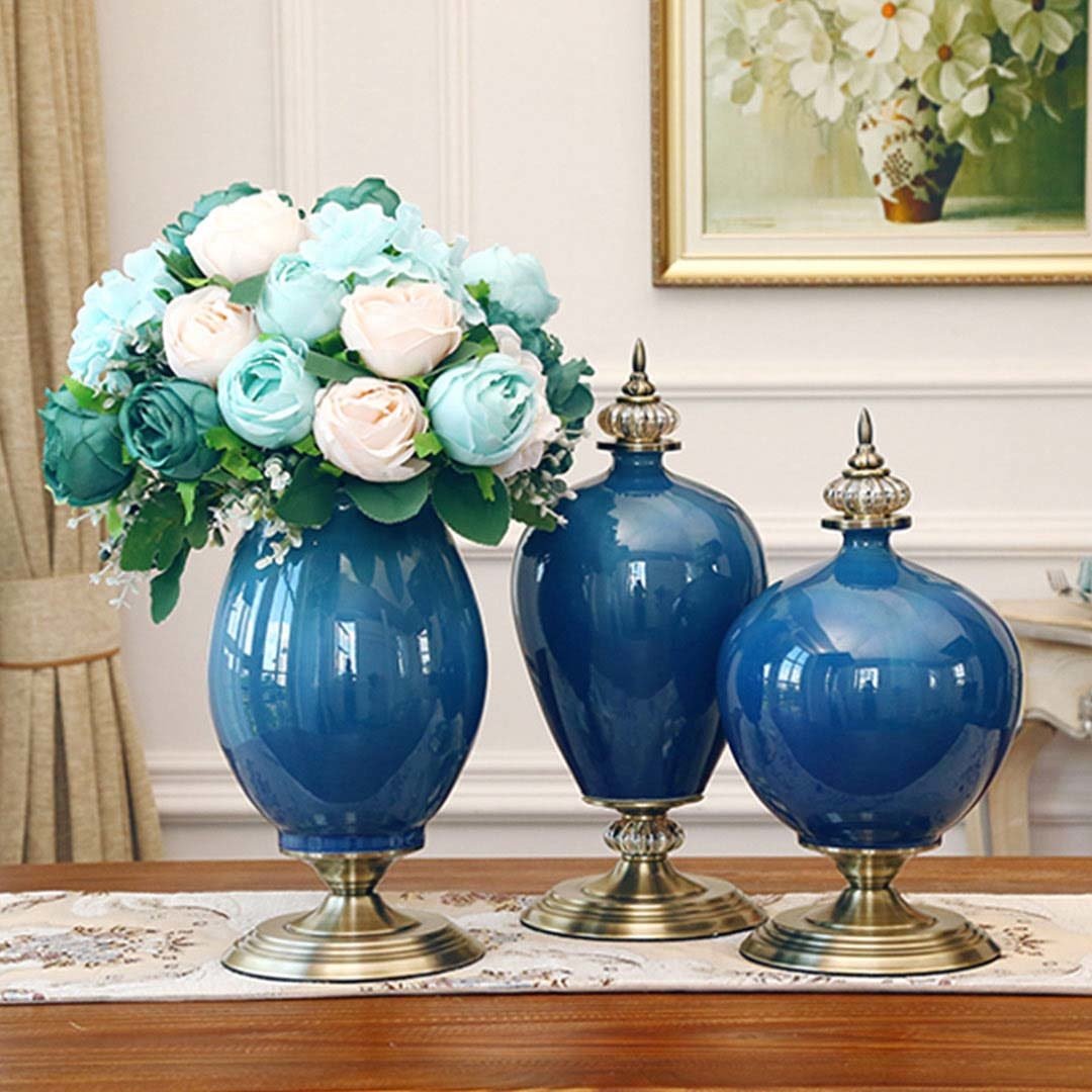 2X 38cm Ceramic Oval Flower Vase with Gold Metal Base Dark Blue Vases Fast shipping On sale