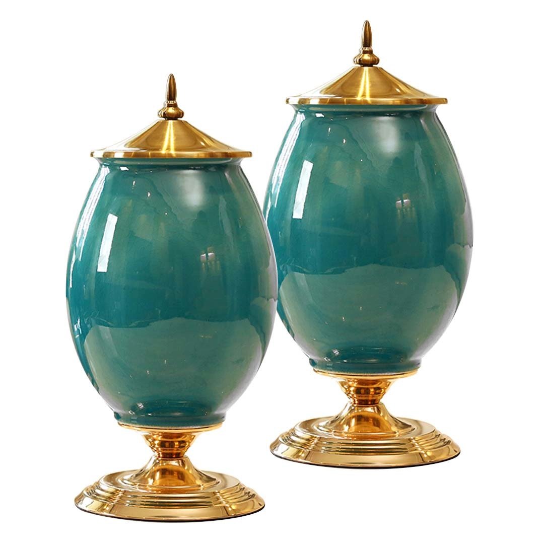 2X 40cm Ceramic Oval Flower Vase with Gold Metal Base Green Vases Fast shipping On sale