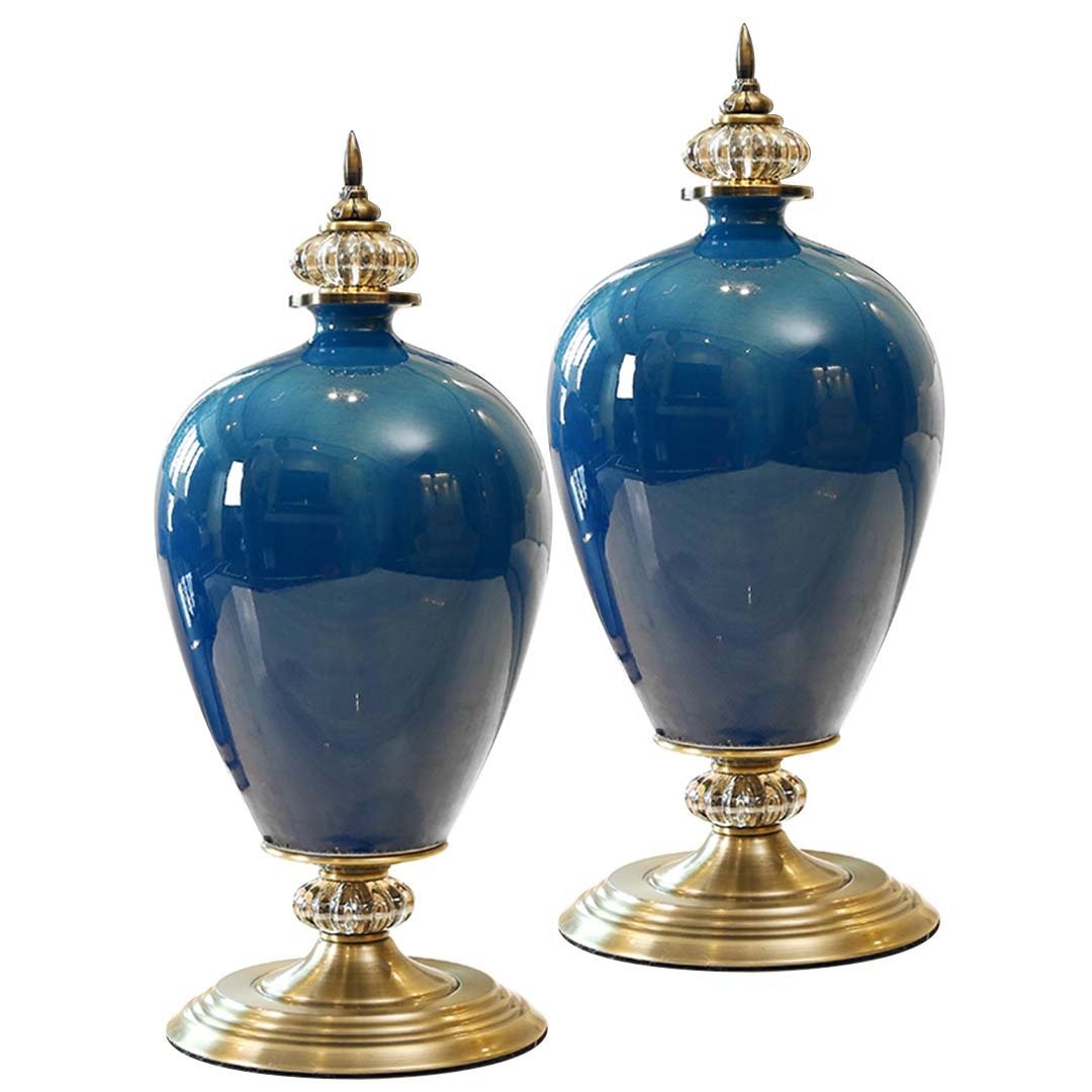 2X 42cm Ceramic Oval Flower Vase with Gold Metal Base Dark Blue Vases Fast shipping On sale