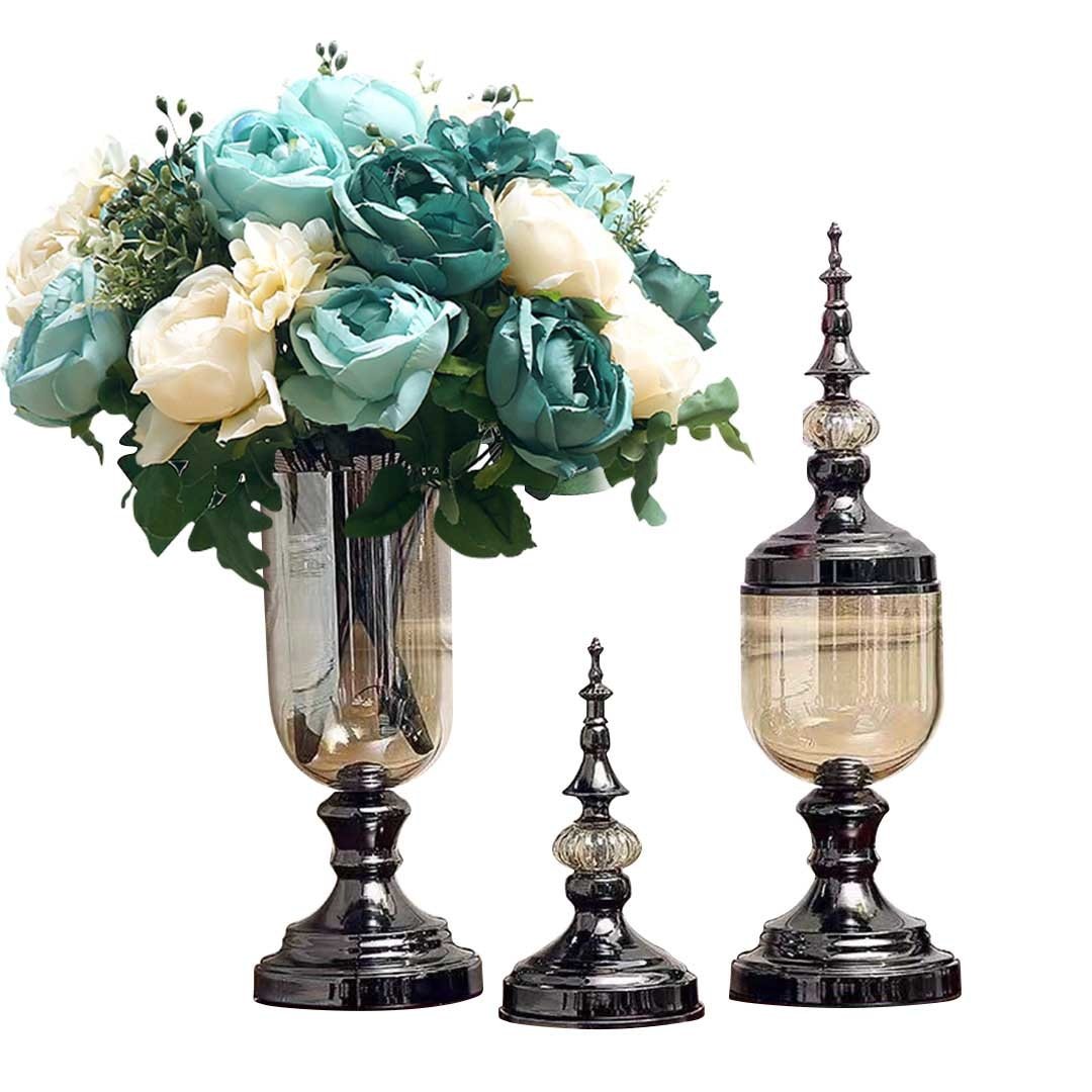 2X Clear Glass Flower Vase with Lid and Blue Filler Black Set Vases Fast shipping On sale
