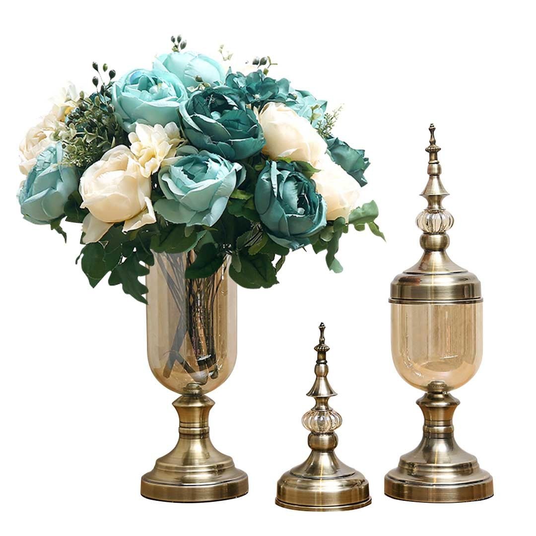 2X Clear Glass Flower Vase with Lid and Blue Filler Bronze Set Vases Fast shipping On sale