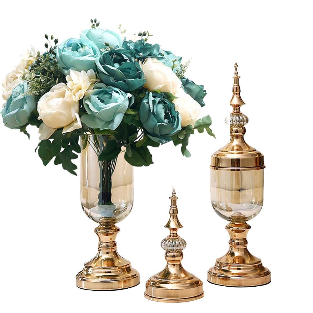 2X Clear Glass Flower Vase with Lid and Blue Filler Gold Set Vases Fast shipping On sale