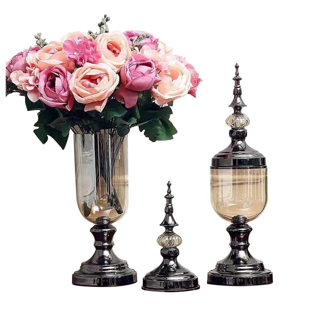 2X Clear Glass Flower Vase with Lid and Pink Filler Black Set Vases Fast shipping On sale