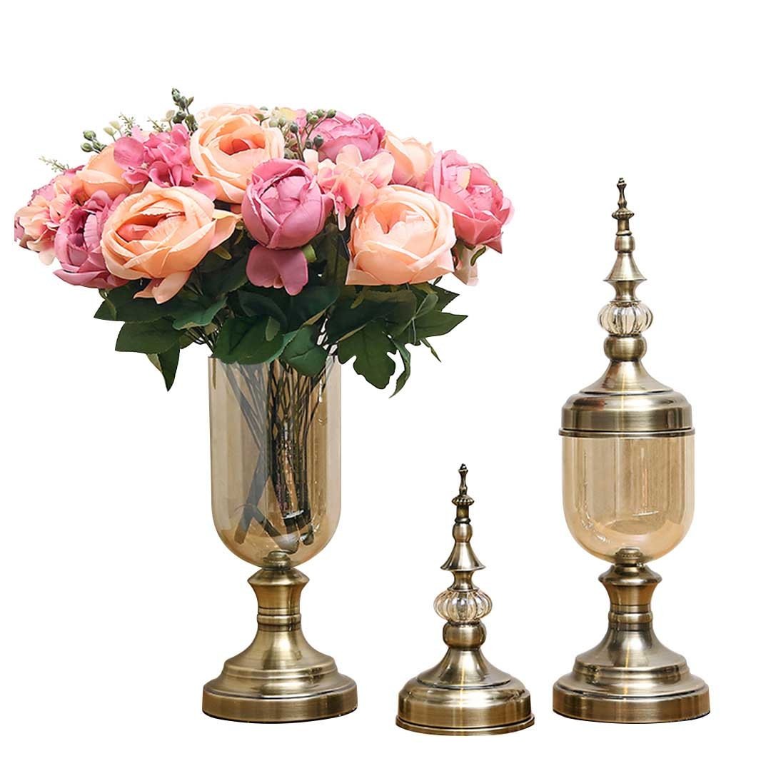 2X Clear Glass Flower Vase with Lid and Pink Filler Bronze Set Vases Fast shipping On sale