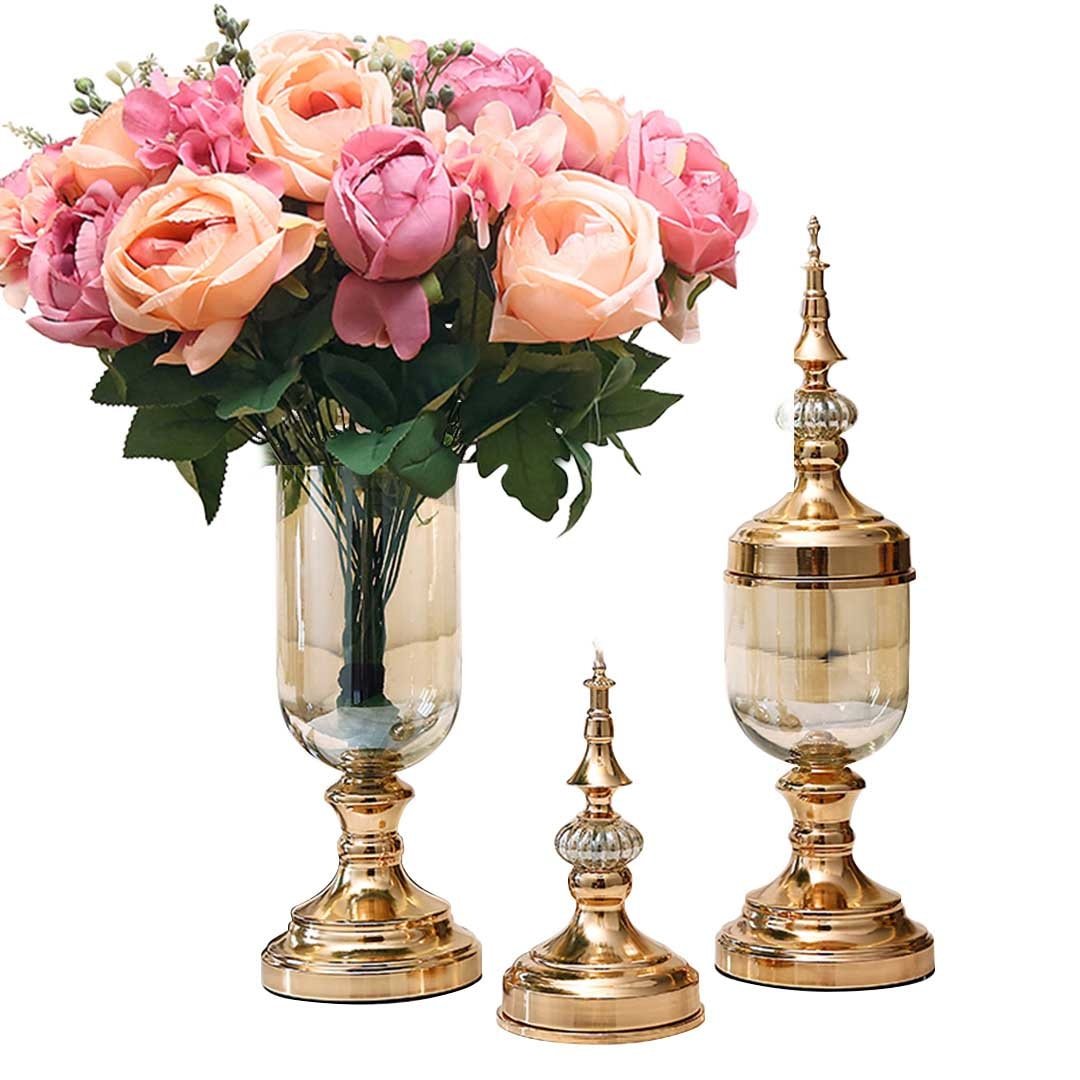 2X Clear Glass Flower Vase with Lid and Pink Filler Gold Set Vases Fast shipping On sale