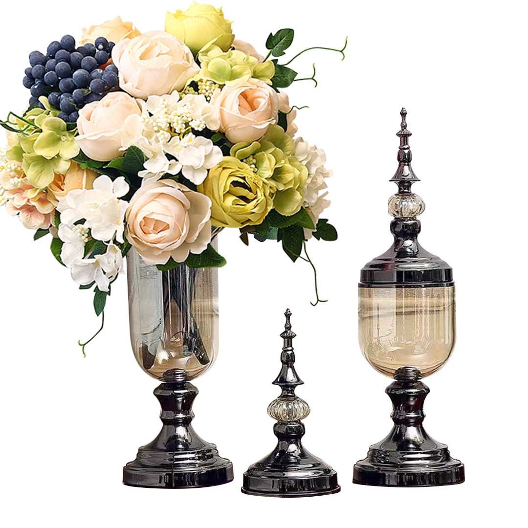 2X Clear Glass Flower Vase with Lid and White Filler Black Set Vases Fast shipping On sale