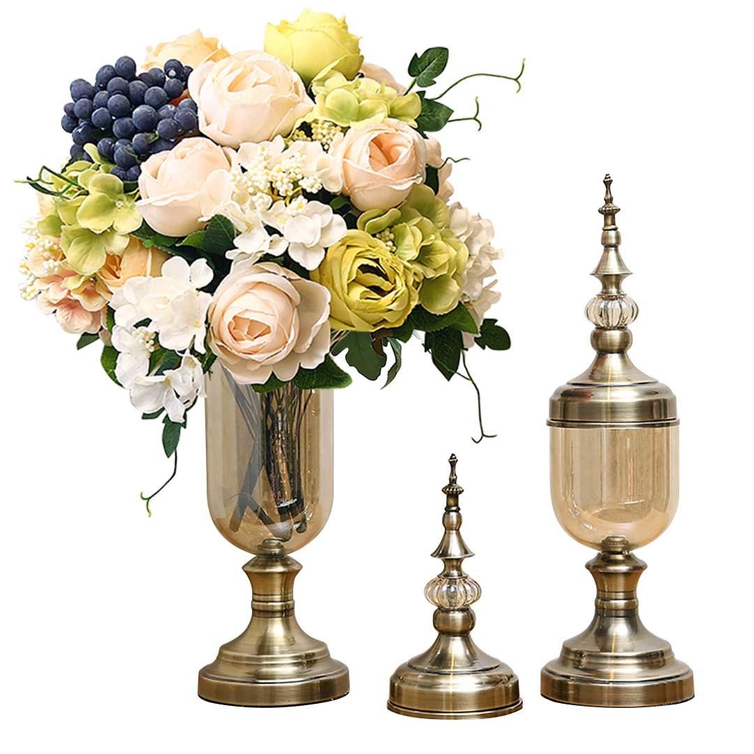 2X Clear Glass Flower Vase with Lid and White Filler Bronze Set Vases Fast shipping On sale