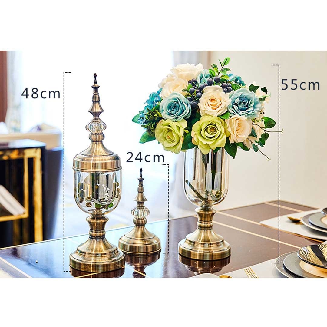 2X Clear Glass Flower Vase with Lid and White Filler Bronze Set Vases Fast shipping On sale