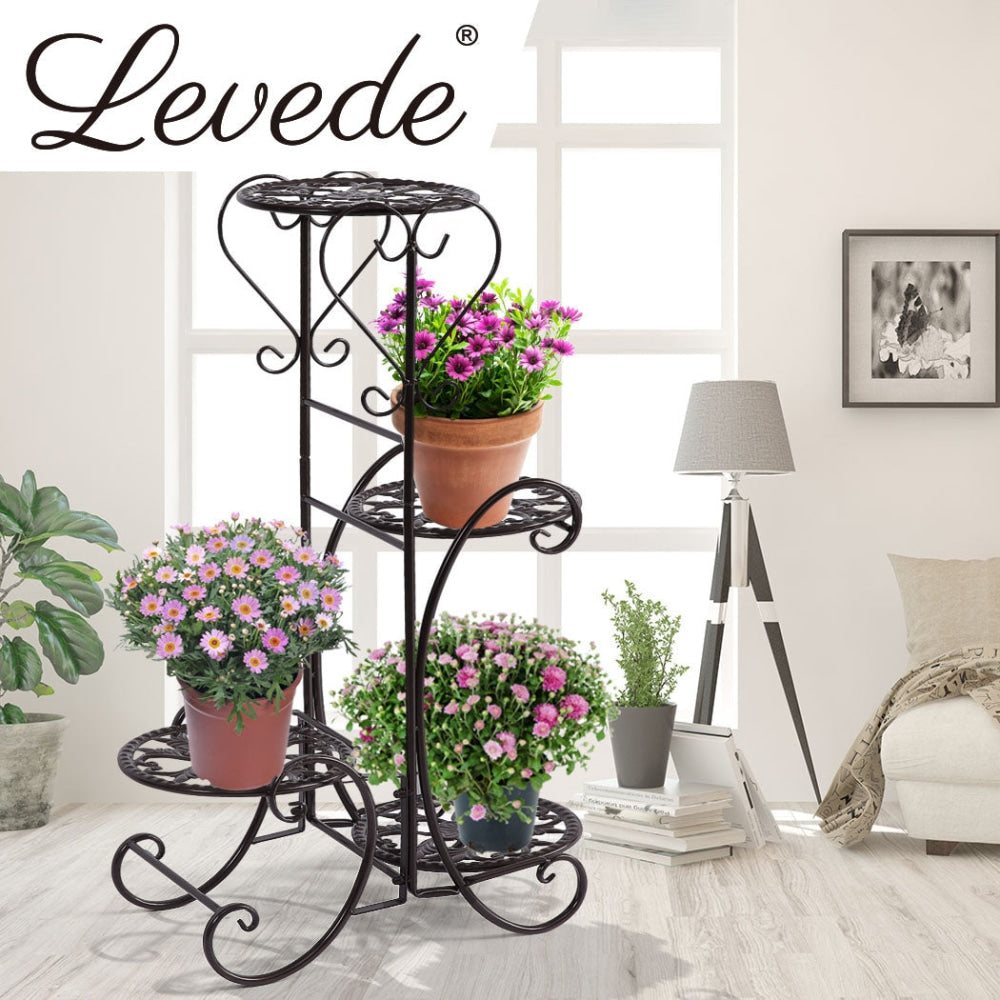 2x Levede Flower Shape Metal Plant Stand with 4 Pot Space in Black Colour Outdoor Decor Fast shipping On sale