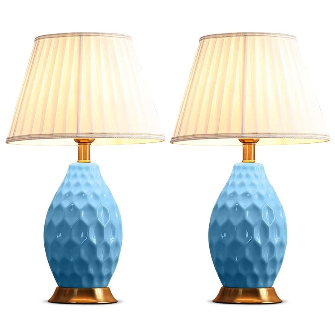 2X Textured Ceramic Oval Table Lamp with Gold Metal Base Blue Fast shipping On sale