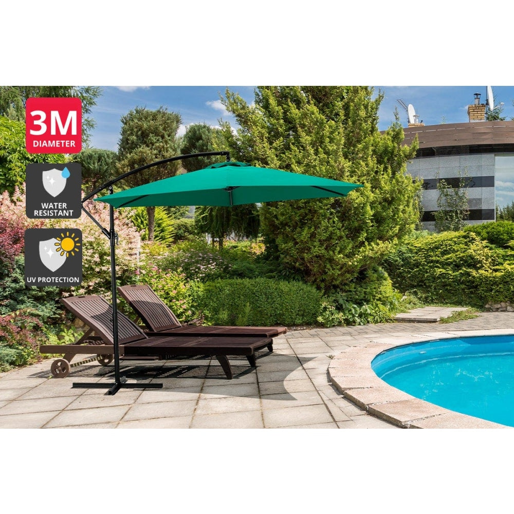 3 Metre Cantilever Outdoor Umbrella with Bonus Protective Cover - Green Patio Umbrellas Fast shipping On sale