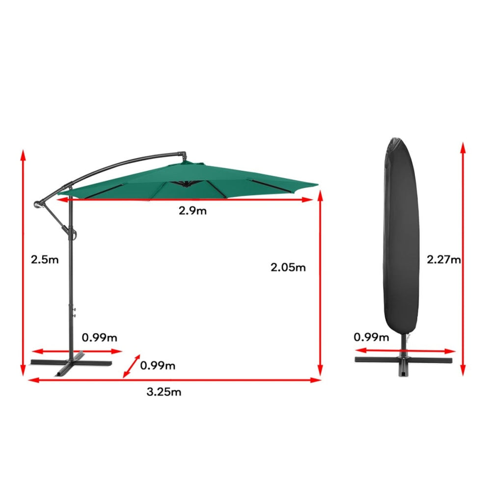 3 Metre Cantilever Outdoor Umbrella with Bonus Protective Cover - Green Patio Umbrellas Fast shipping On sale