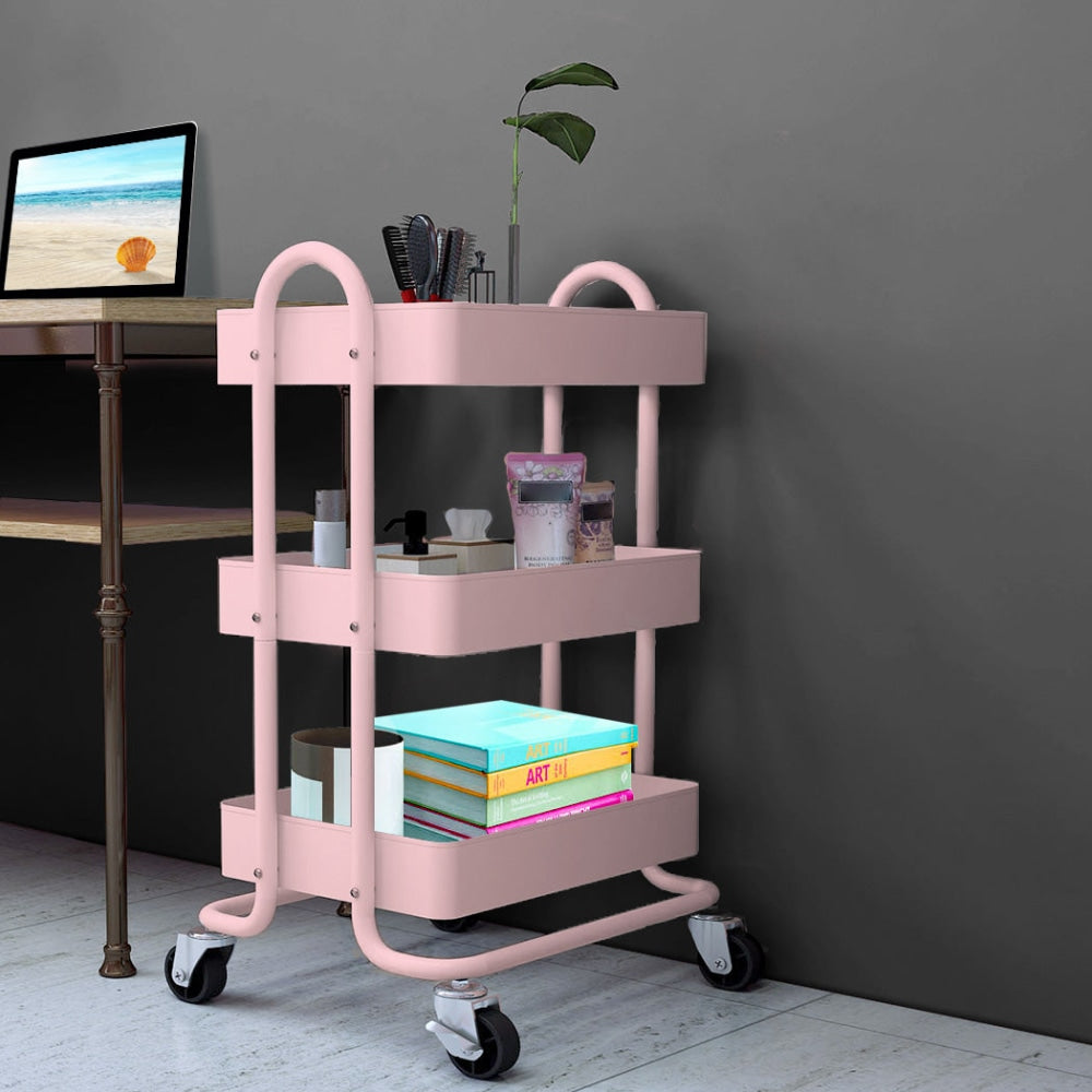 3 Tiers Kitchen Trolley Cart Steel Storage Rack Shelf Organiser Wheels Pink Fast shipping On sale