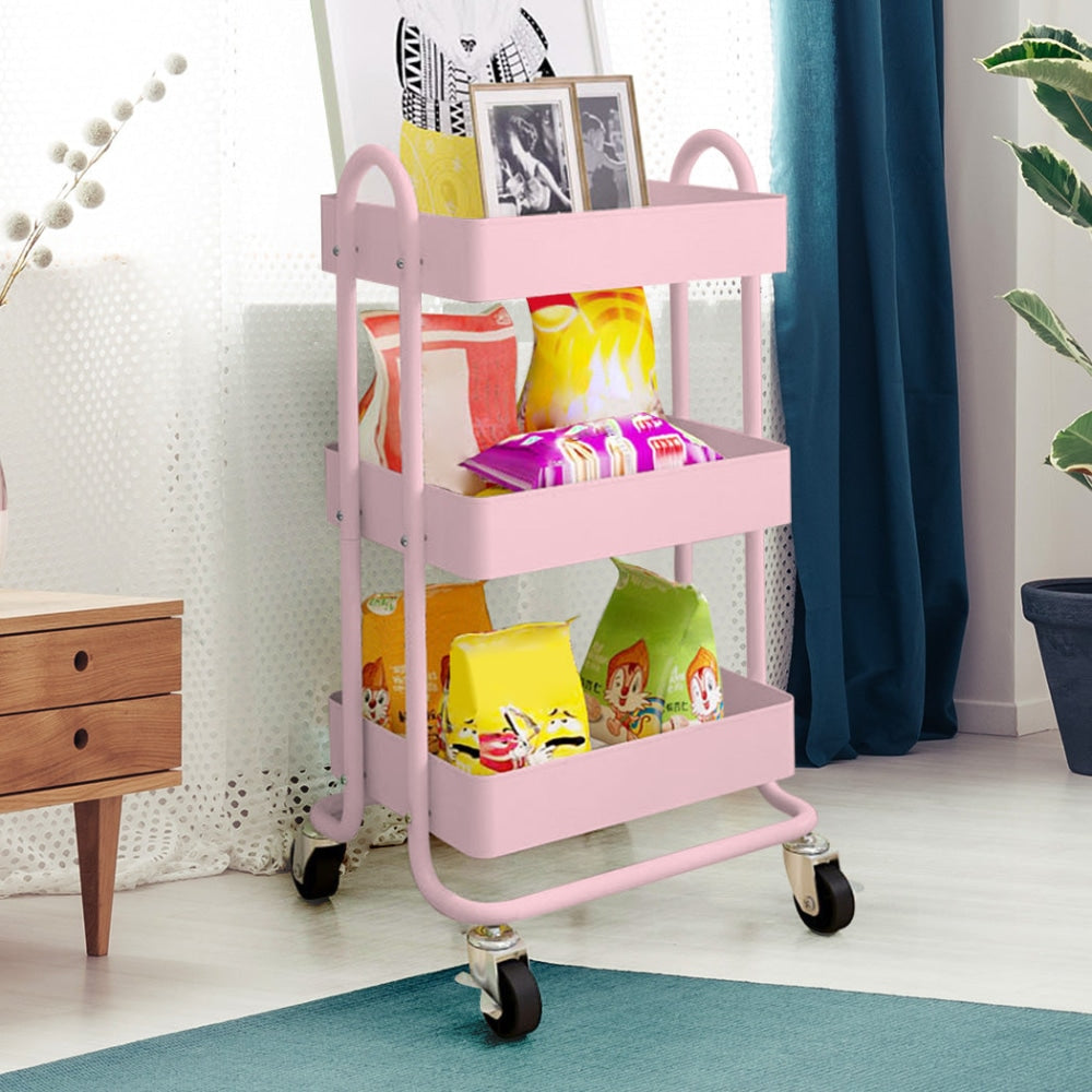 3 Tiers Kitchen Trolley Cart Steel Storage Rack Shelf Organiser Wheels Pink Fast shipping On sale