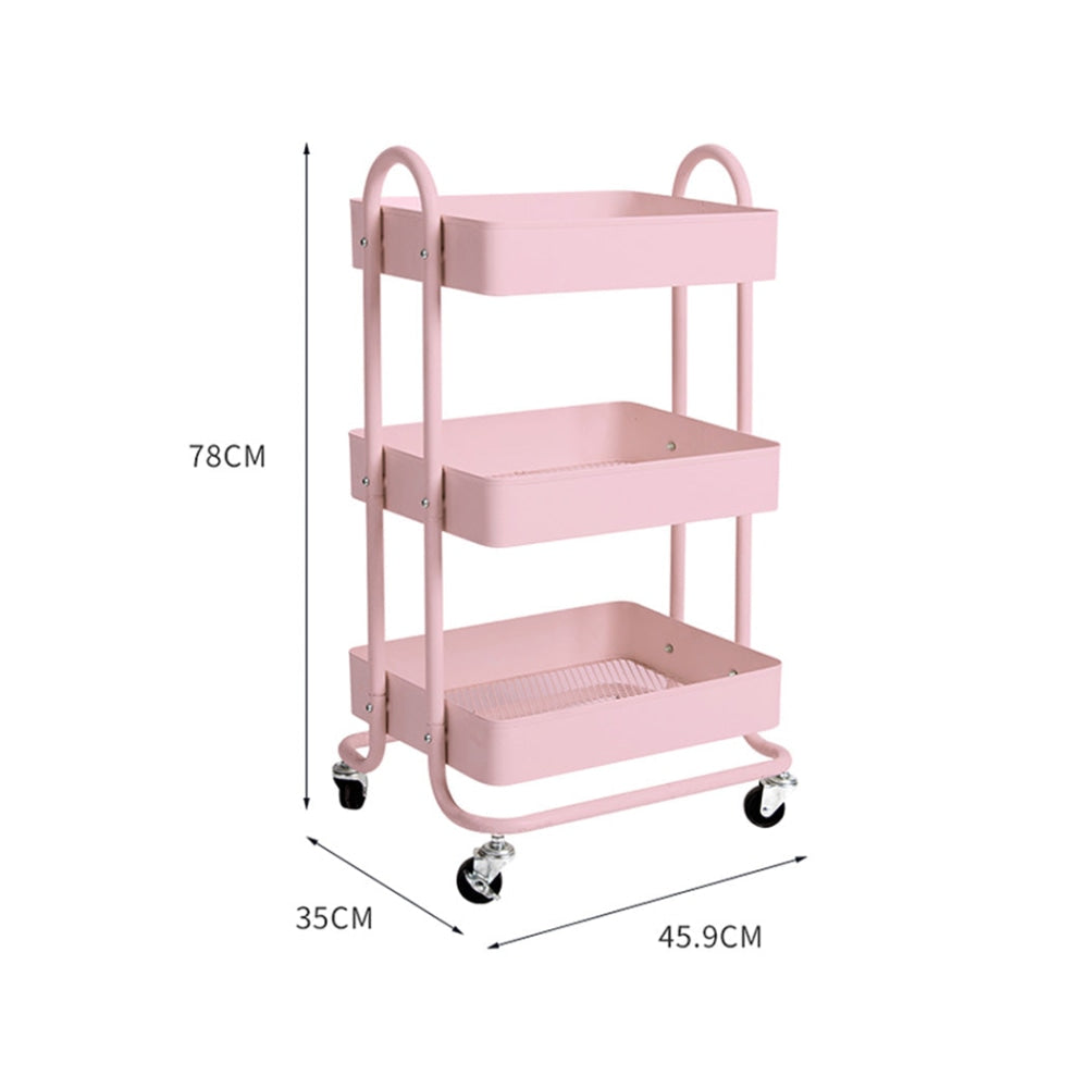 3 Tiers Kitchen Trolley Cart Steel Storage Rack Shelf Organiser Wheels Pink Fast shipping On sale