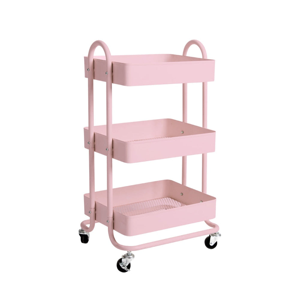 3 Tiers Kitchen Trolley Cart Steel Storage Rack Shelf Organiser Wheels Pink Fast shipping On sale