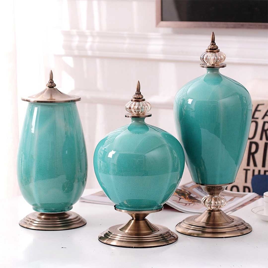 38.50cm Ceramic Oval Flower Vase with Gold Metal Base Dark Blue Vases Fast shipping On sale