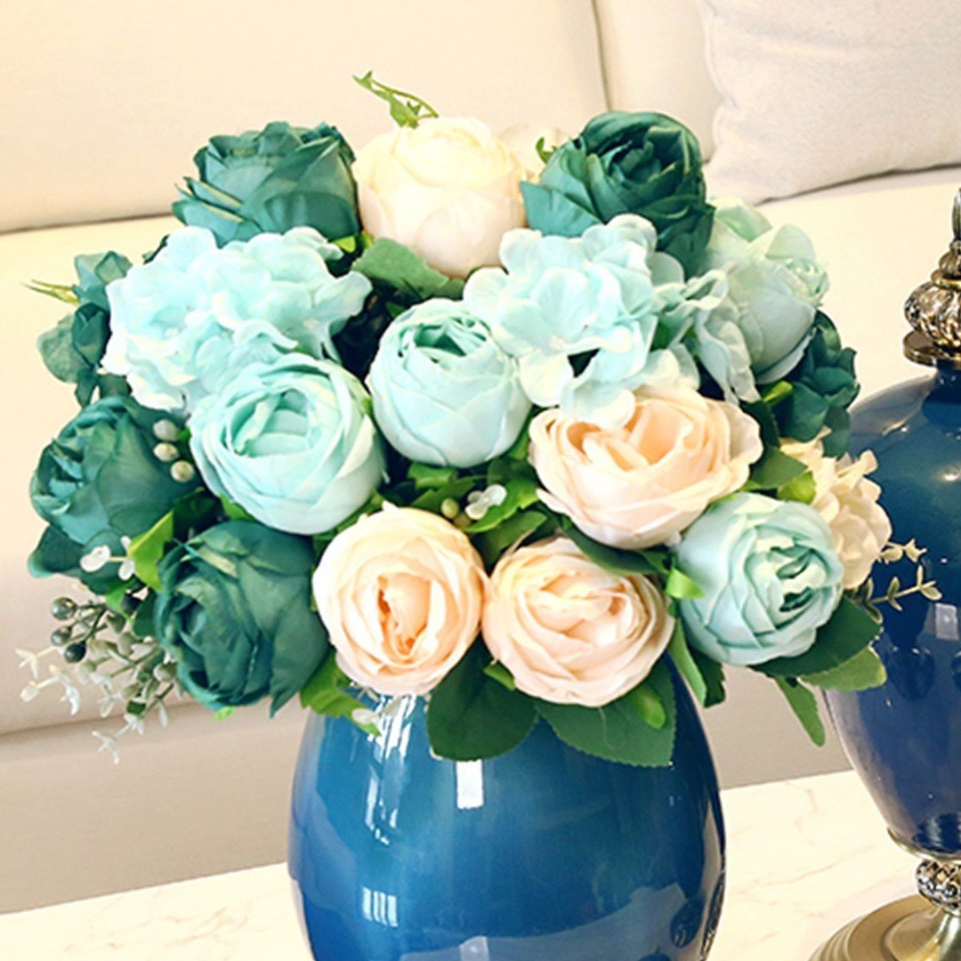 3pcs Artificial Silk with 15 Heads Flower Fake Rose Bouquet Table Decor Blue Plant Fast shipping On sale