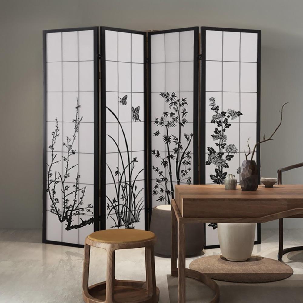 4 Panel Room Divider Screen Door Stand Privacy Fringe Wood Fold Blossom Fast shipping On sale