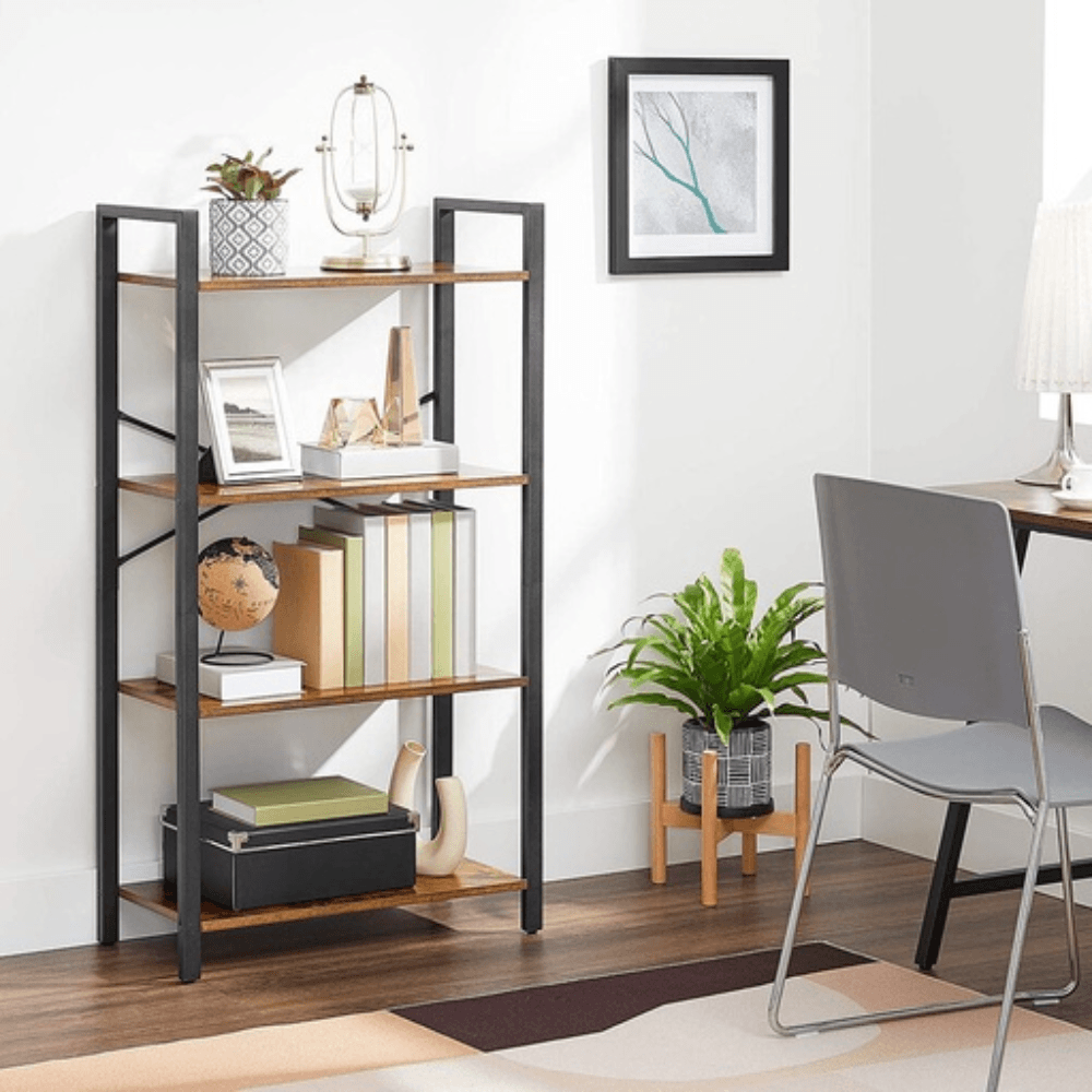 4 Tier Bookshelf Ladder Shelf Industrial Rustic Brown and Black Bookcase Fast shipping On sale