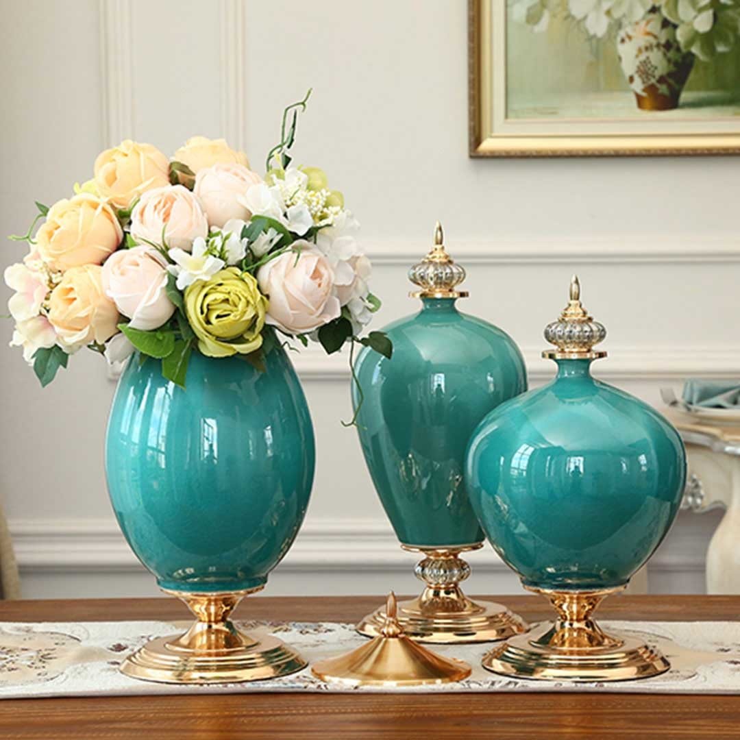 42.50cm Ceramic Oval Flower Vase with Gold Metal Base Green Vases Fast shipping On sale