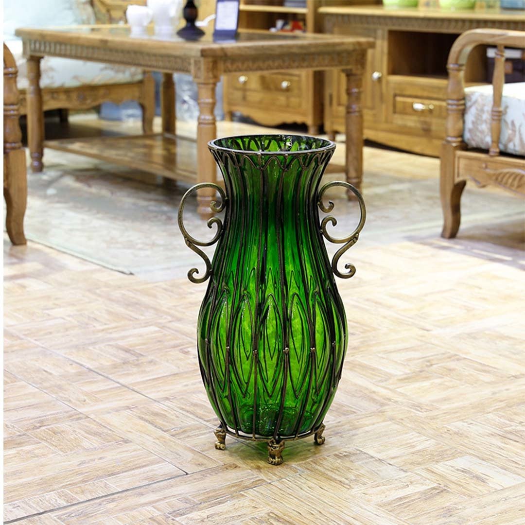 50cm Green Glass Oval Floor Vase with Metal Flower Stand Vases Fast shipping On sale