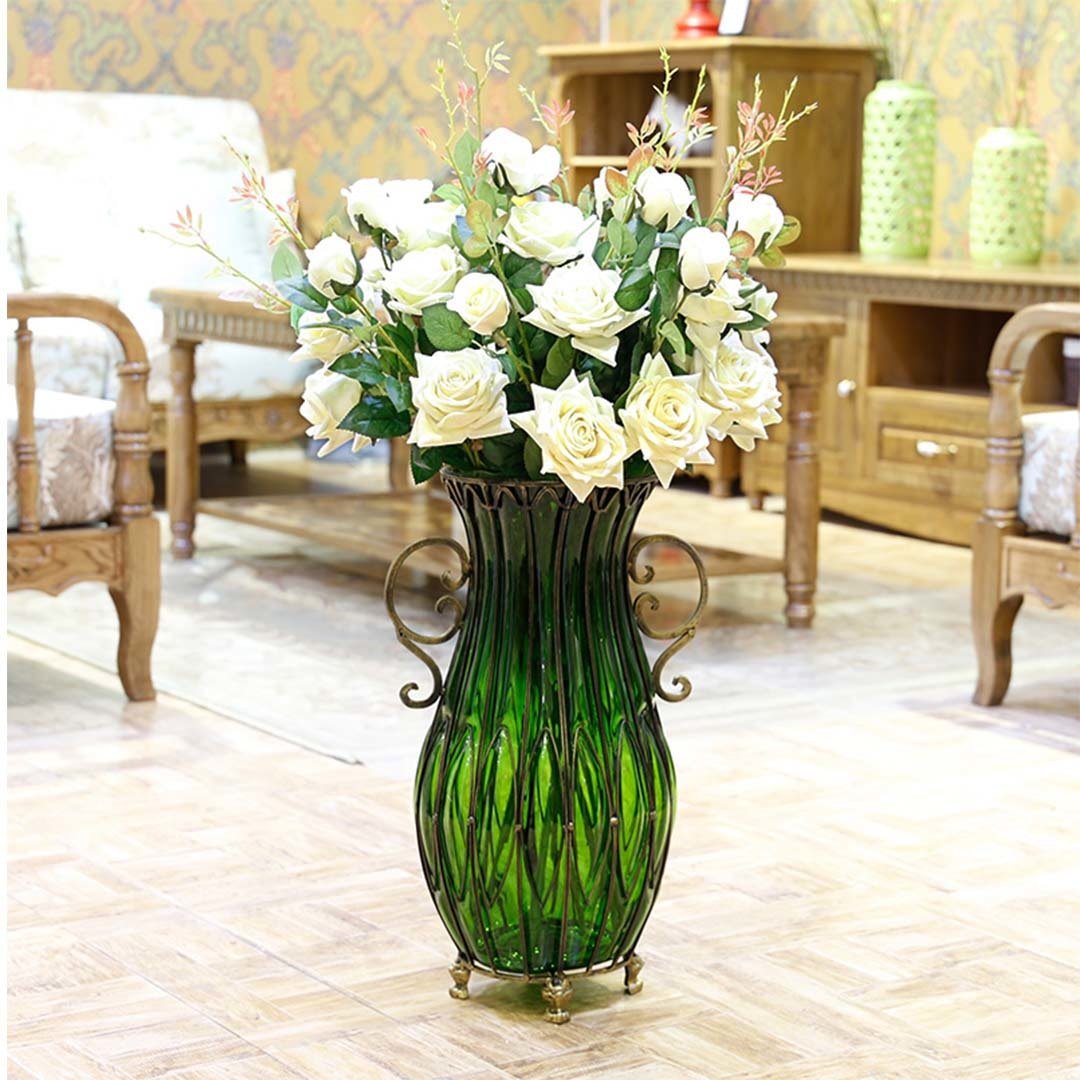 50cm Green Glass Oval Floor Vase with Metal Flower Stand Vases Fast shipping On sale