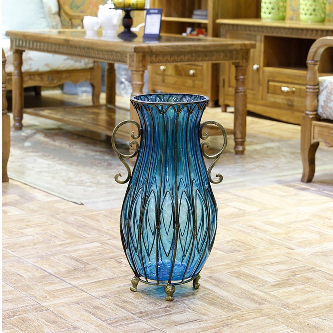 51cm Blue Glass Tall Floor Vase with 12pcs Artificial Fake Flower Set Vases Fast shipping On sale