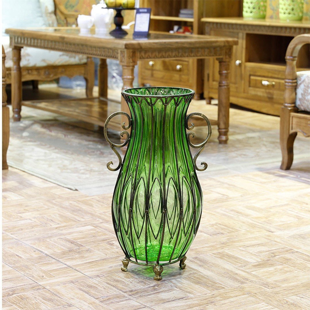 51cm Green Glass Tall Floor Vase with 12pcs Artificial Fake Flower Set Vases Fast shipping On sale