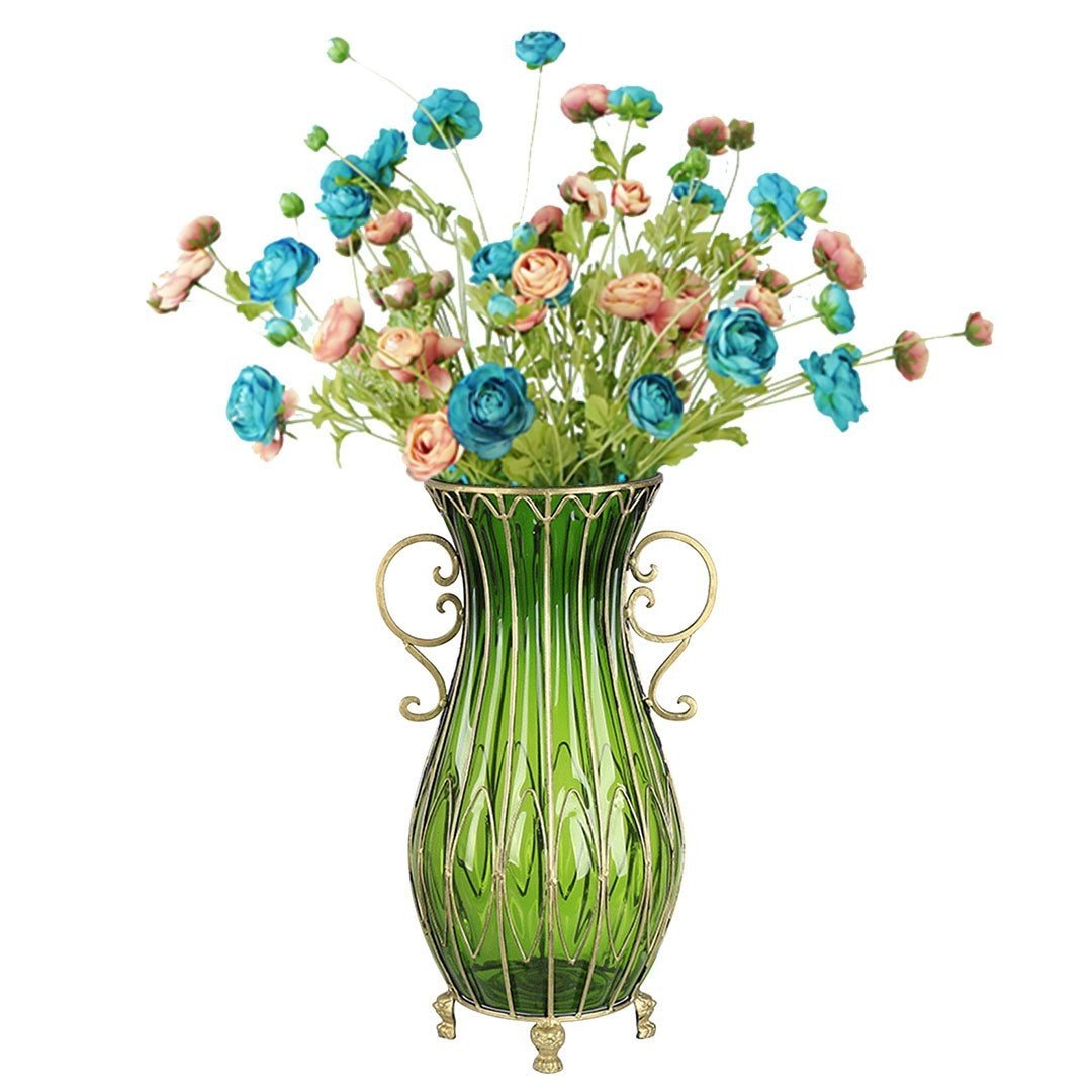 51cm Green Glass Tall Floor Vase with 12pcs Artificial Fake Flower Set Vases Fast shipping On sale