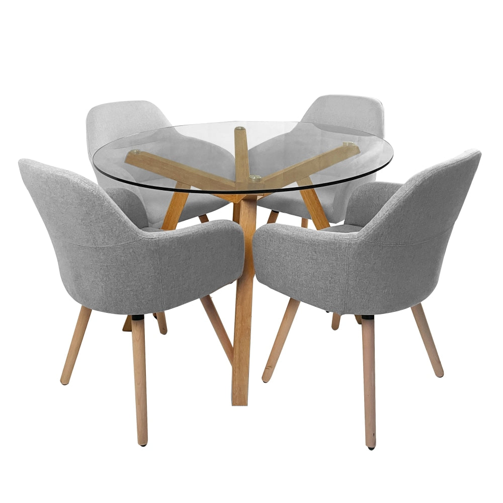 5Pc Dining Set Finland Glass Table 110cm W/ 4Pc Milan Fabric Chairs Grey Fast shipping On sale