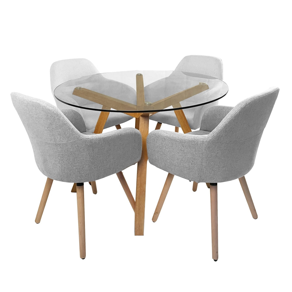5Pc Dining Set Finland Glass Table 110cm W/ 4Pc Milan Fabric Chairs Light Grey Fast shipping On sale