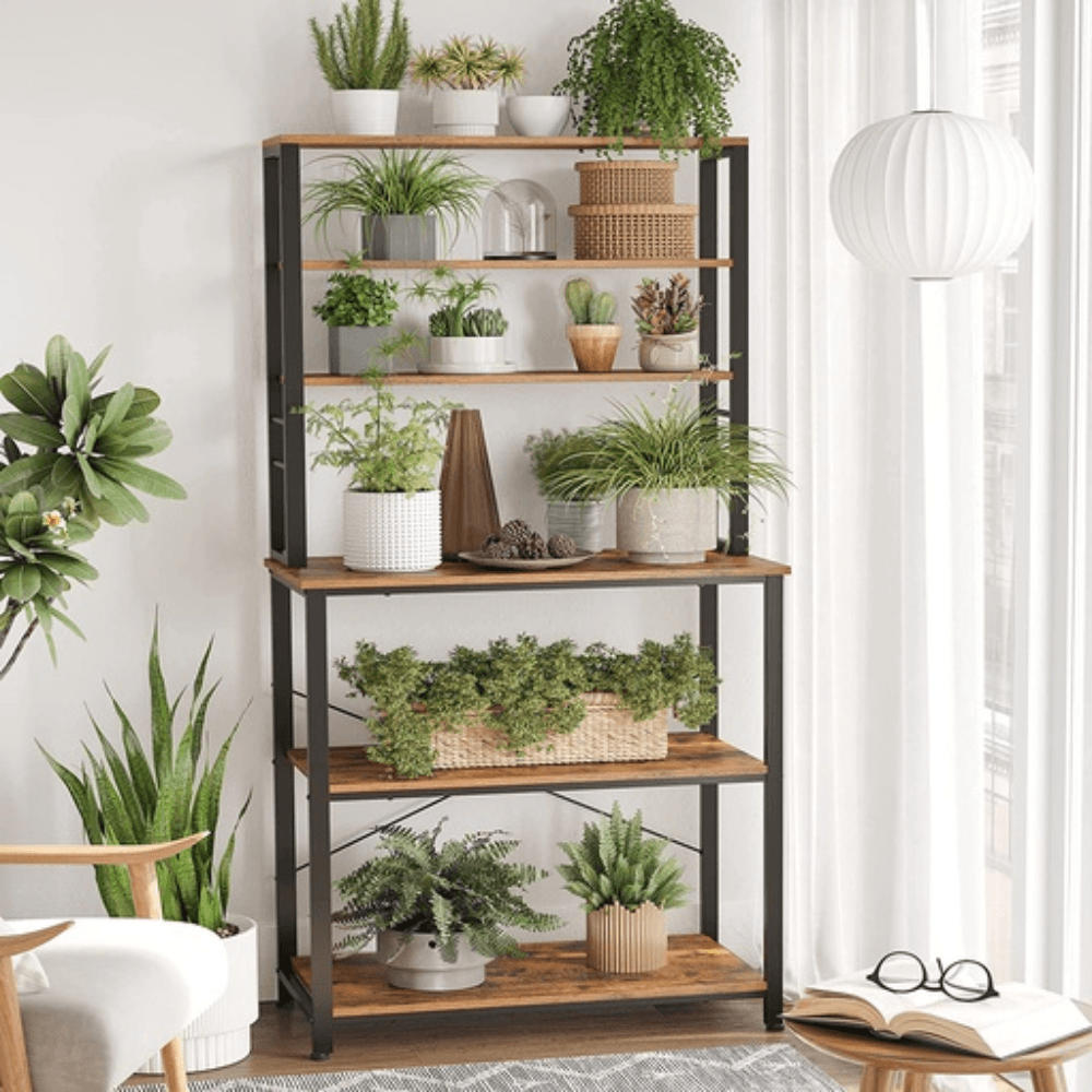 6 Tier Storage Shelves with Hooks Kitchen Rack Rustic Brown and Black Bookcase Fast shipping On sale