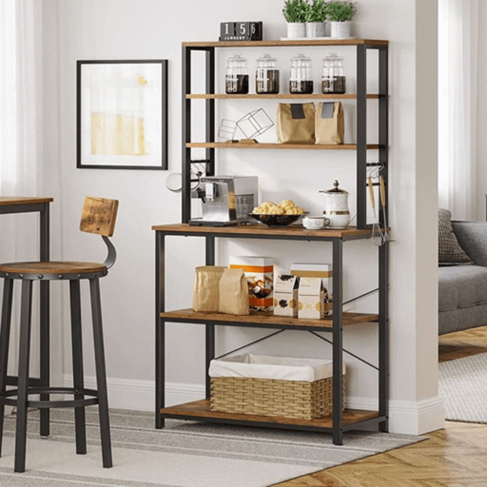 6 Tier Storage Shelves with Hooks Kitchen Rack Rustic Brown and Black Bookcase Fast shipping On sale