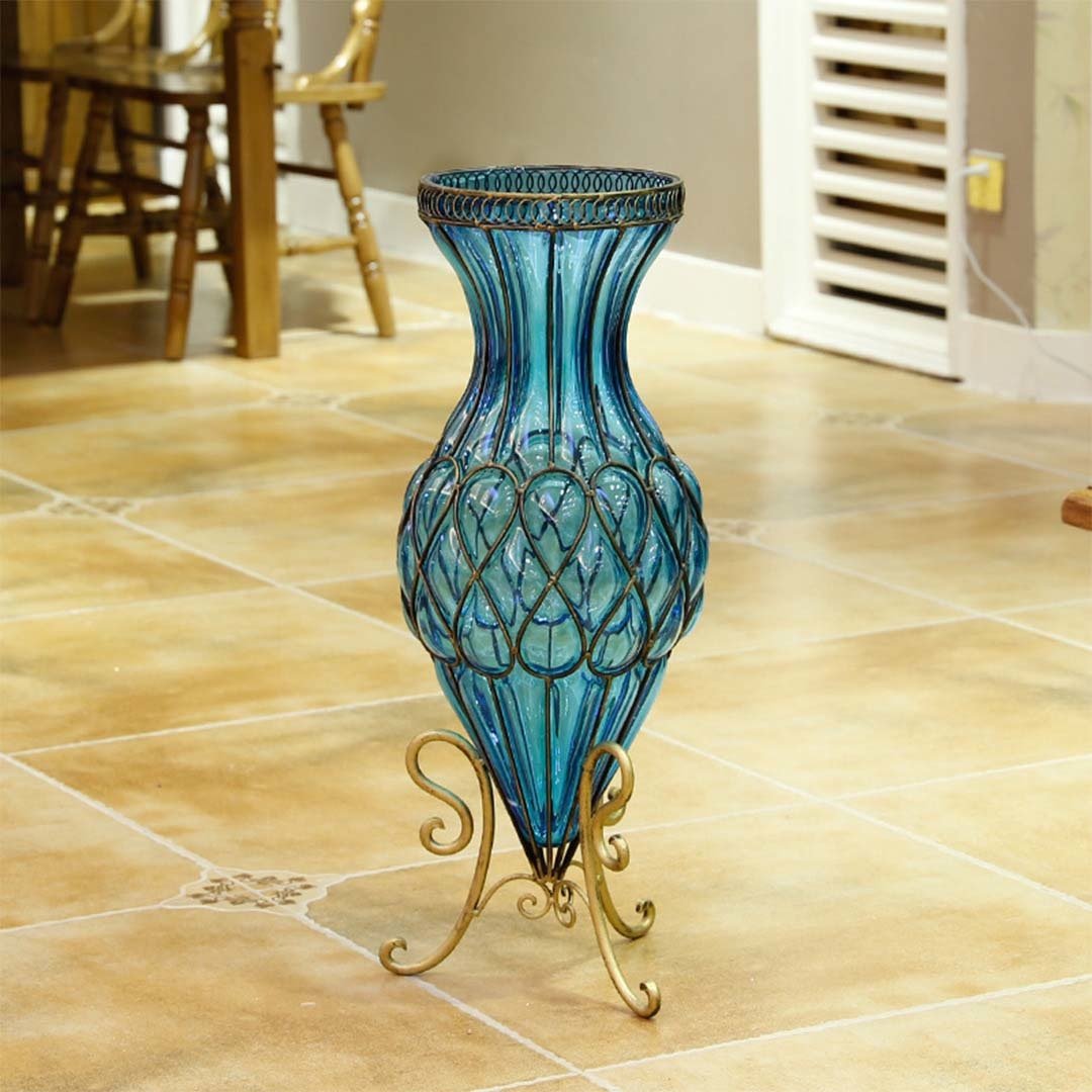 65cm Blue Glass Tall Floor Vase with Metal Flower Stand Vases Fast shipping On sale