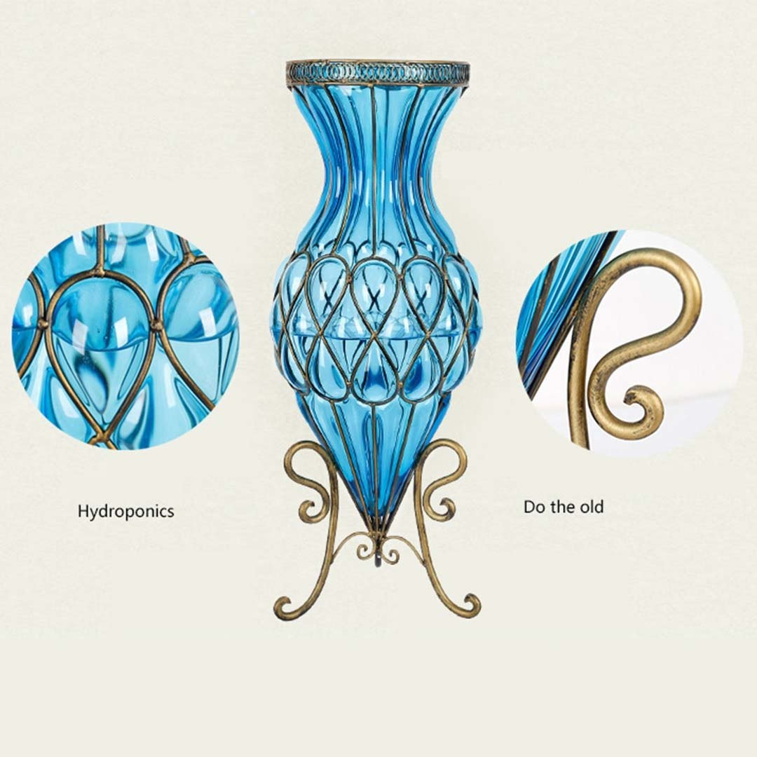 65cm Blue Glass Tall Floor Vase with Metal Flower Stand Vases Fast shipping On sale