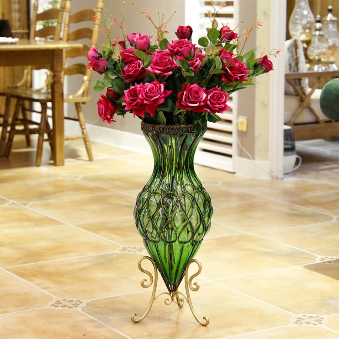 65cm Green Glass Tall Floor Vase with Metal Flower Stand Vases Fast shipping On sale