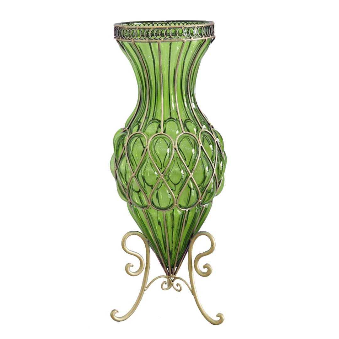 65cm Green Glass Tall Floor Vase with Metal Flower Stand Vases Fast shipping On sale