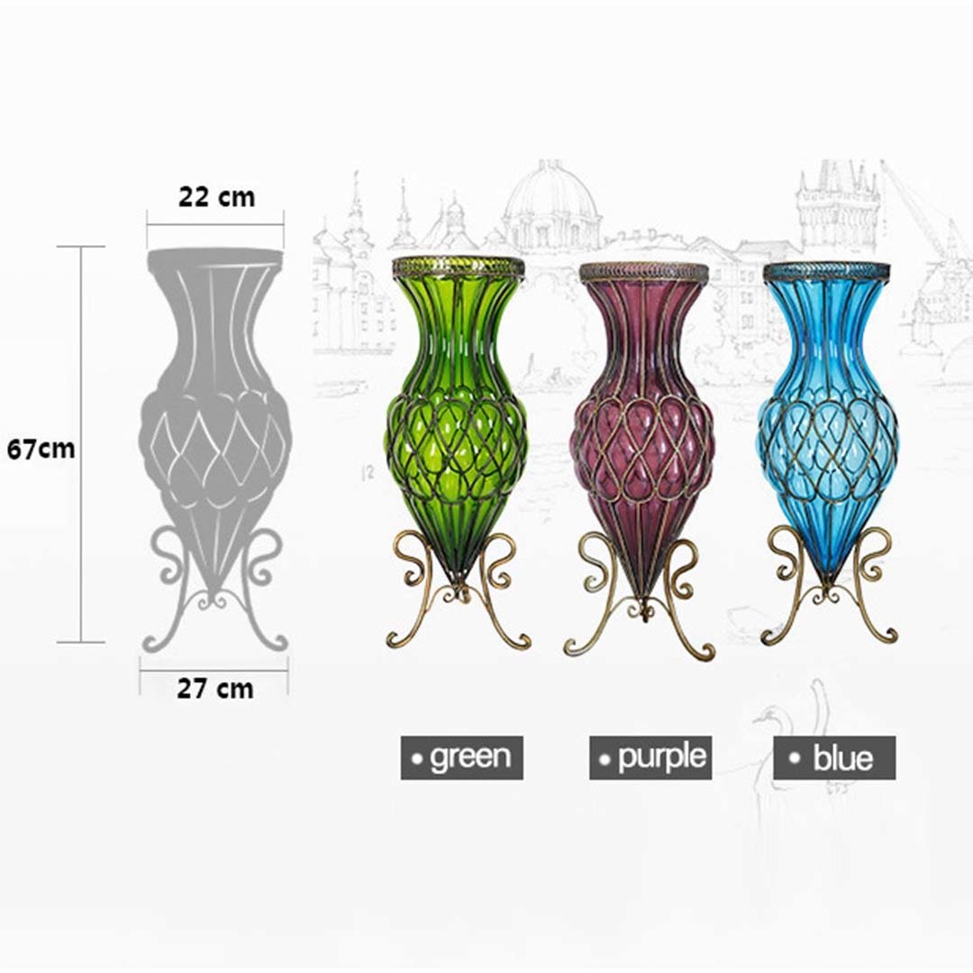 65cm Purple Glass Tall Floor Vase with Metal Flower Stand Vases Fast shipping On sale