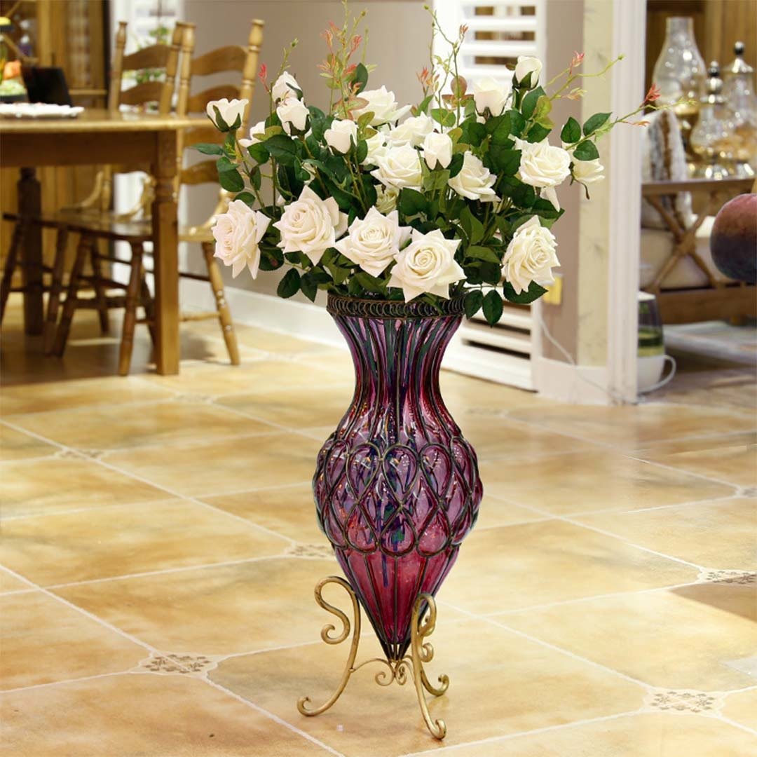 65cm Purple Glass Tall Floor Vase with Metal Flower Stand Vases Fast shipping On sale