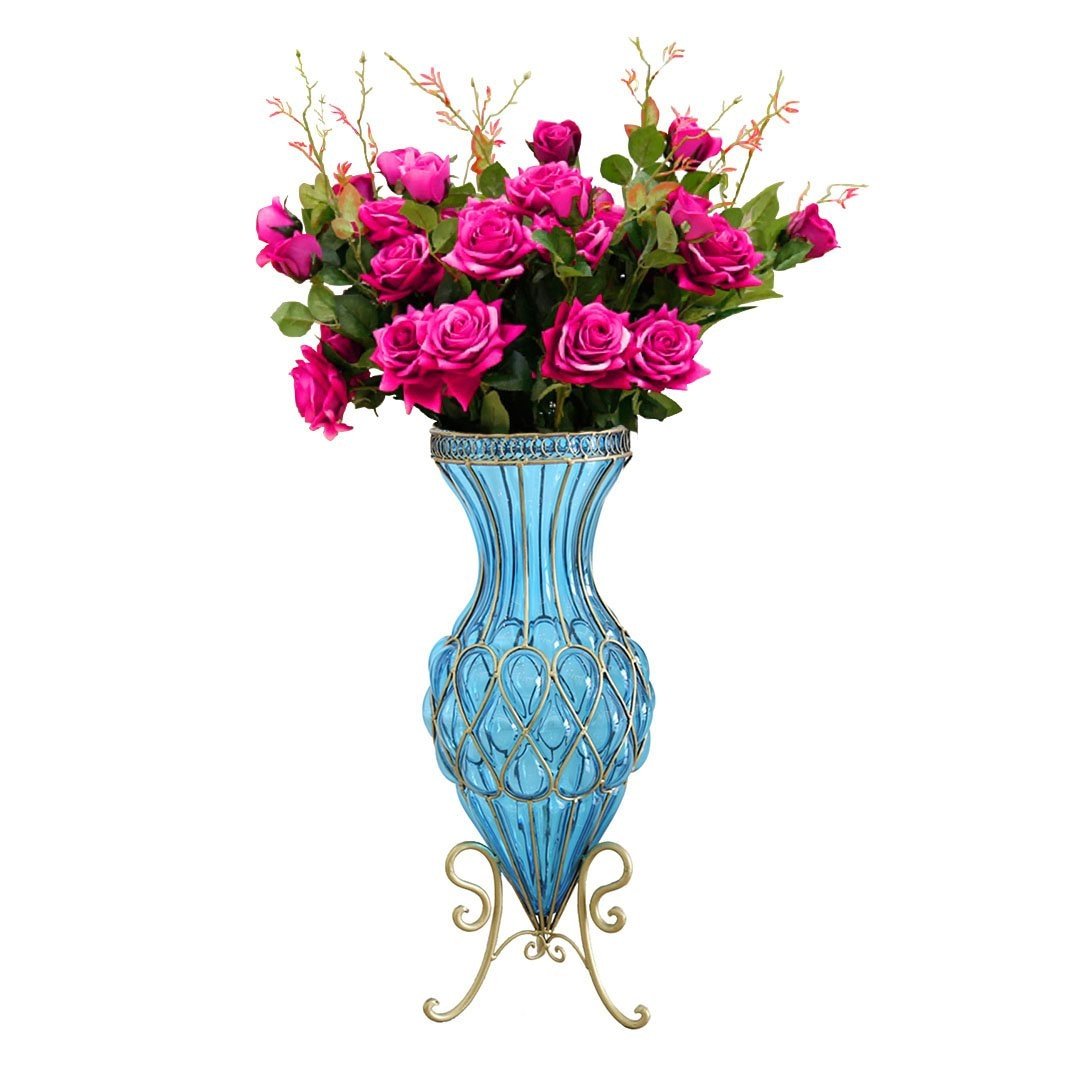67cm Blue Glass Tall Floor Vase and 12pcs Dark Pink Artificial Fake Flower Set Vases Fast shipping On sale