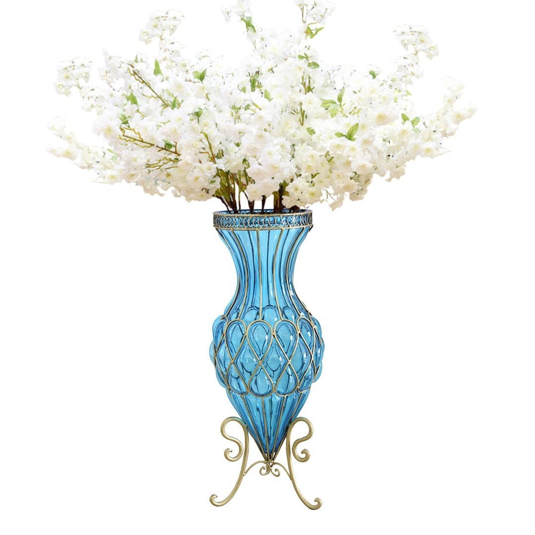 67cm Blue Glass Tall Floor Vase with 10pcs White Artificial Fake Flower Set Vases Fast shipping On sale