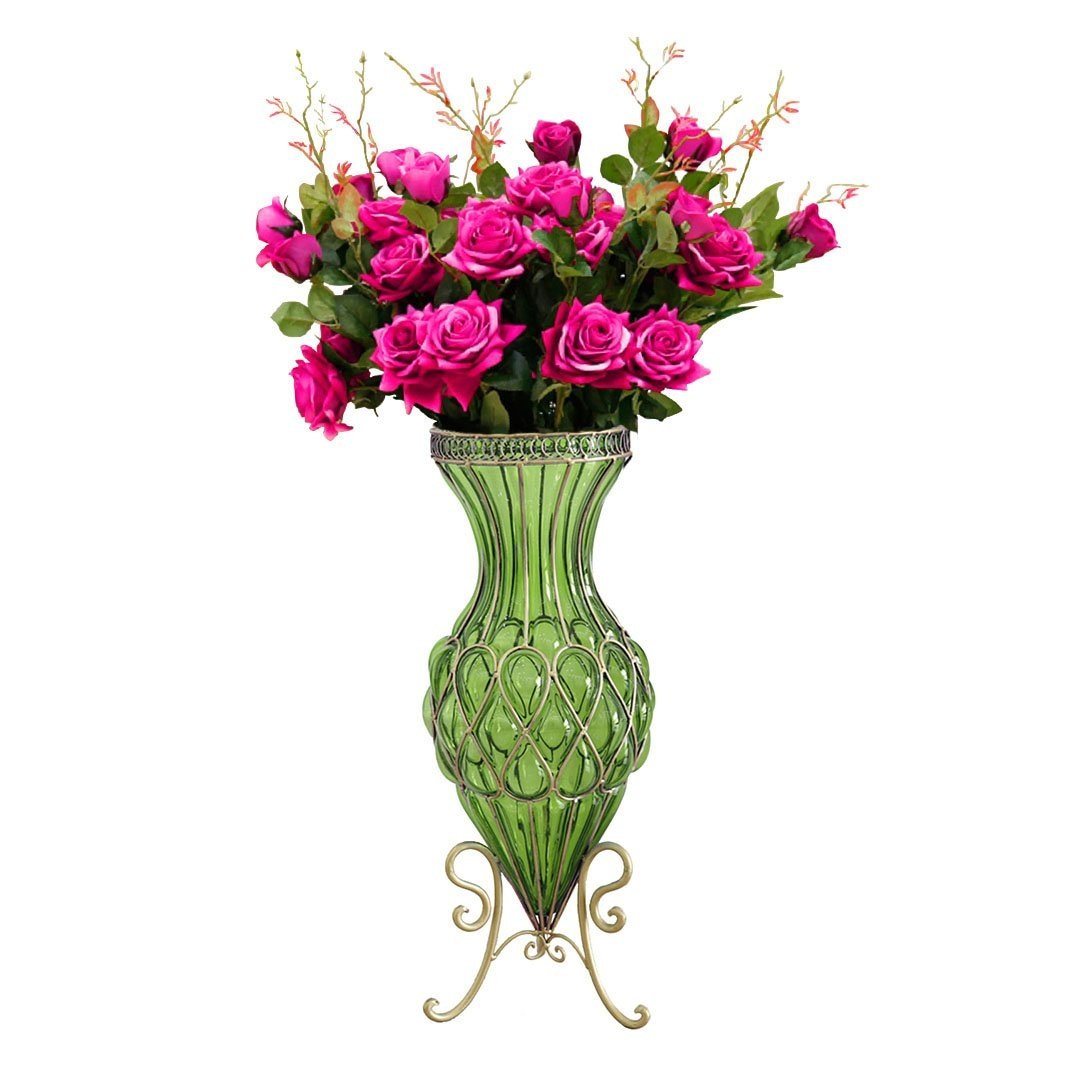 67cm Green Glass Tall Floor Vase and 12pcs Dark Pink Artificial Fake Flower Set Vases Fast shipping On sale