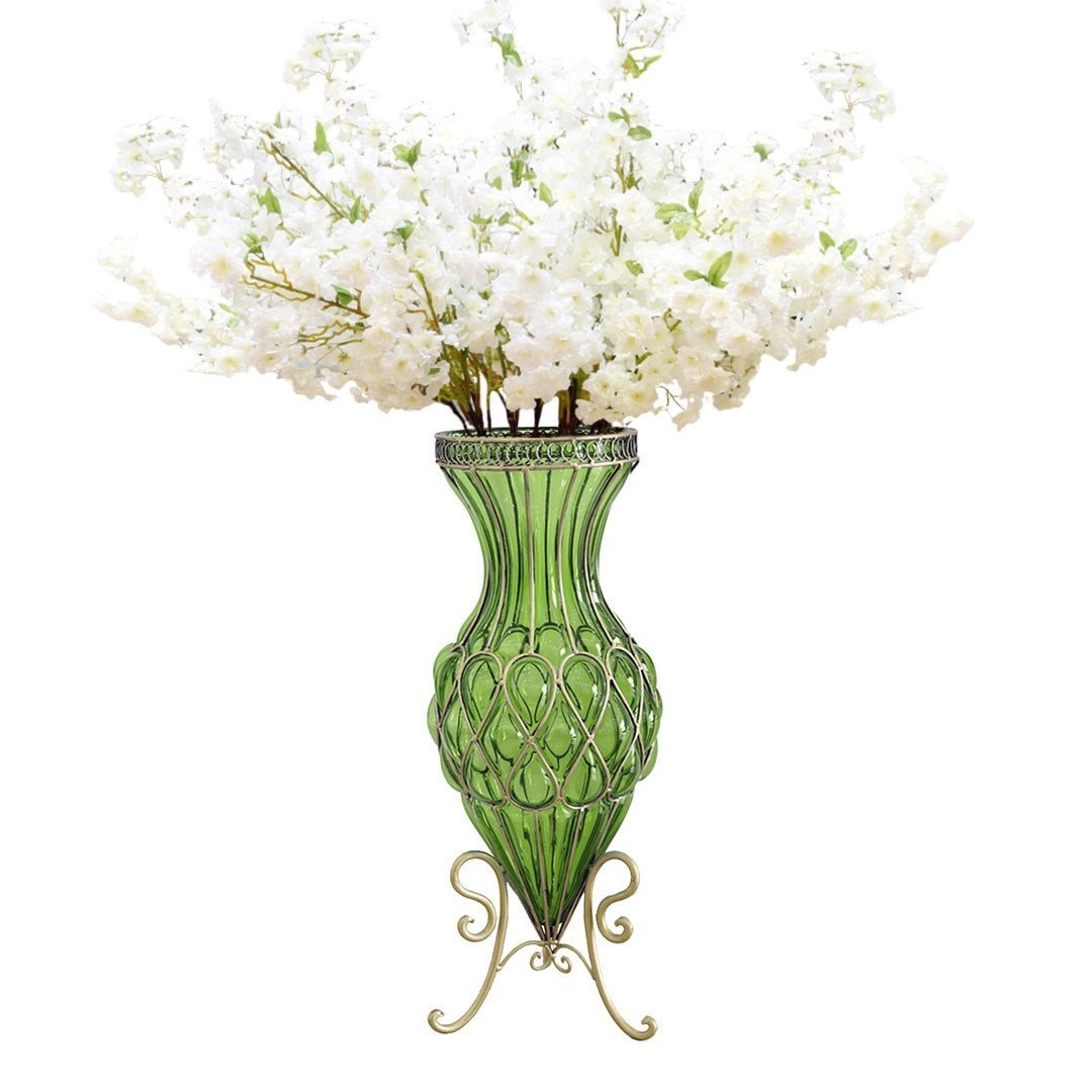 67cm Green Glass Tall Floor Vase with 10pcs White Artificial Fake Flower Set Vases Fast shipping On sale