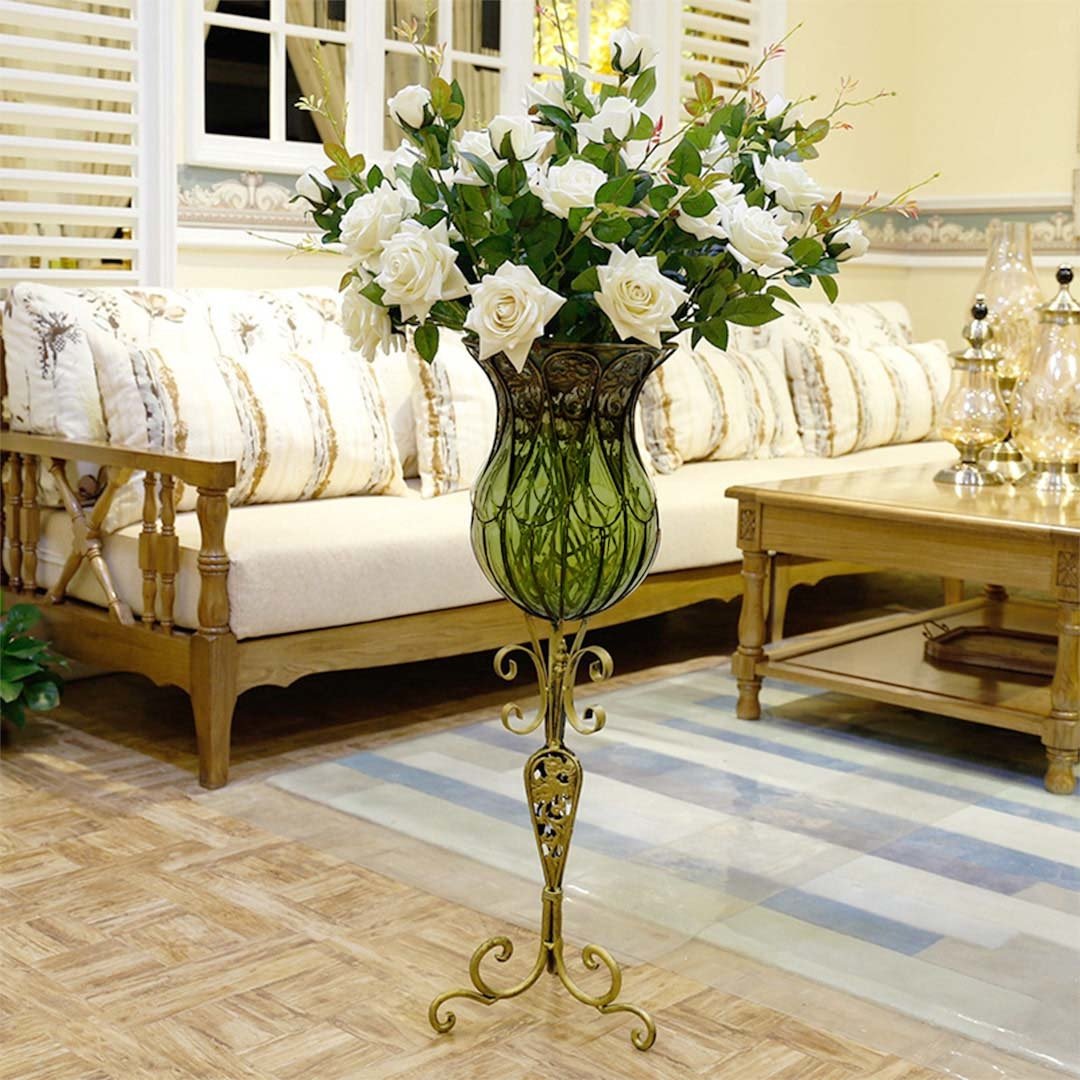 85cm Green Glass Floor Vase with Tall Metal Flower Stand Vases Fast shipping On sale
